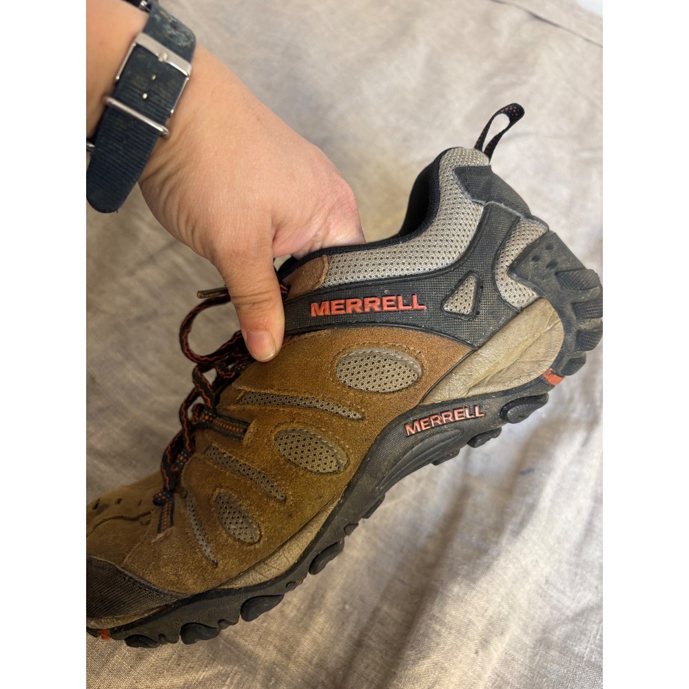 Merrell Mens Hiking Shoes Brown Black Orange Suede Mesh Low Top Trail Sneakers - Picture 7 of 13